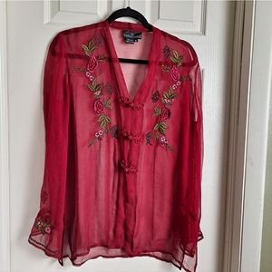 Carole Little sheer deep red silk embroidery top.